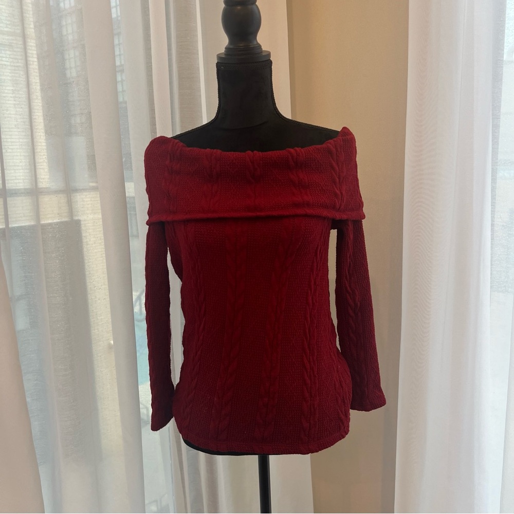 Deep red off the shoulder cable knit sweater